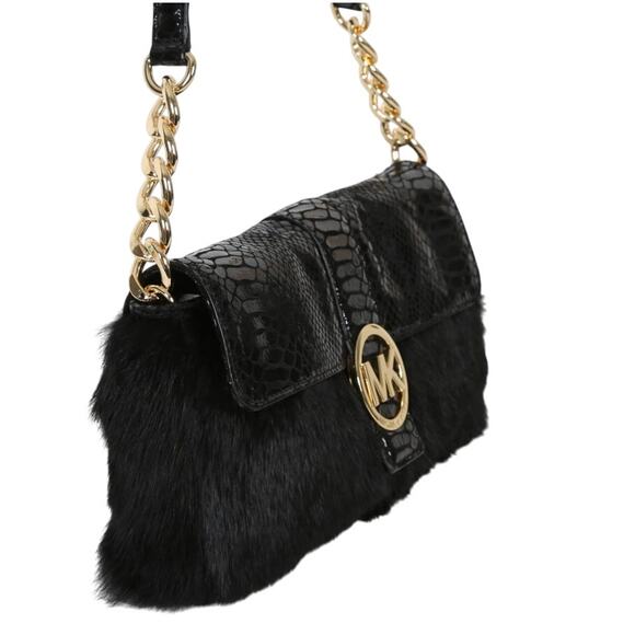 Michael Kors Black Python Embossed Leather & Rabbit Fur Fulton Shoulder Bag - Picture 2 of 10